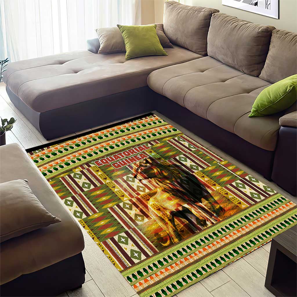 Equatorial Guinea Area Rug with Lion Print and Traditional African Kente Patterns