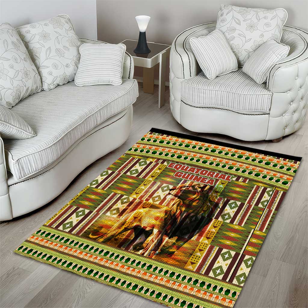Equatorial Guinea Area Rug with Lion Print and Traditional African Kente Patterns