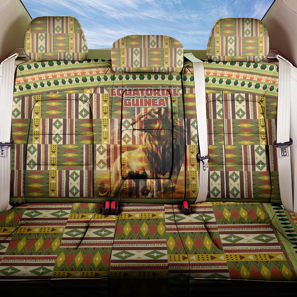 Equatorial Guinea Back Car Seat Cover with Lion Print and Traditional African Kente Patterns