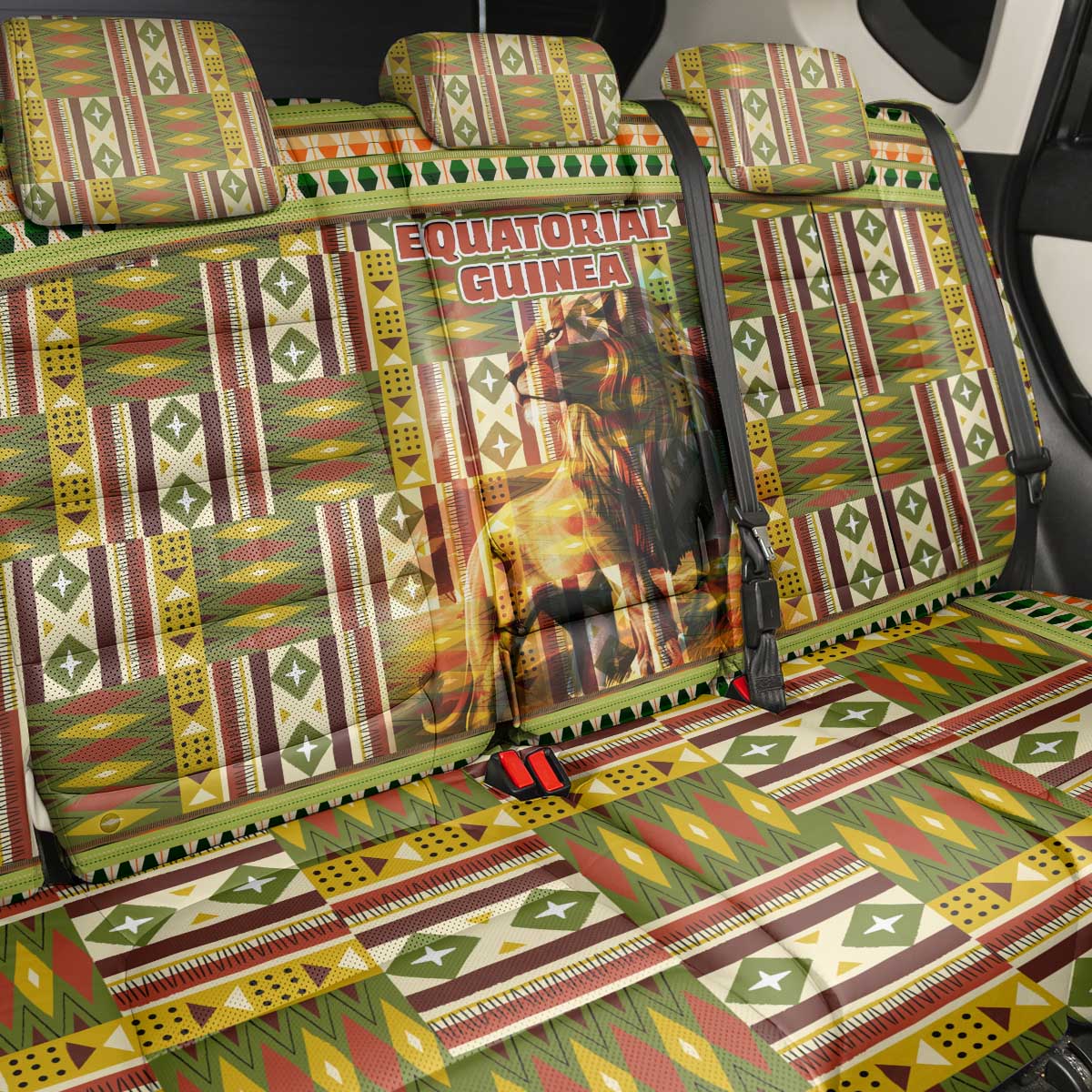 Equatorial Guinea Back Car Seat Cover with Lion Print and Traditional African Kente Patterns