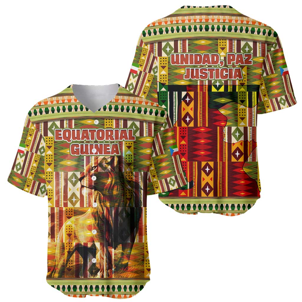 Equatorial Guinea Baseball Jersey with Lion Print and Traditional African Kente Patterns