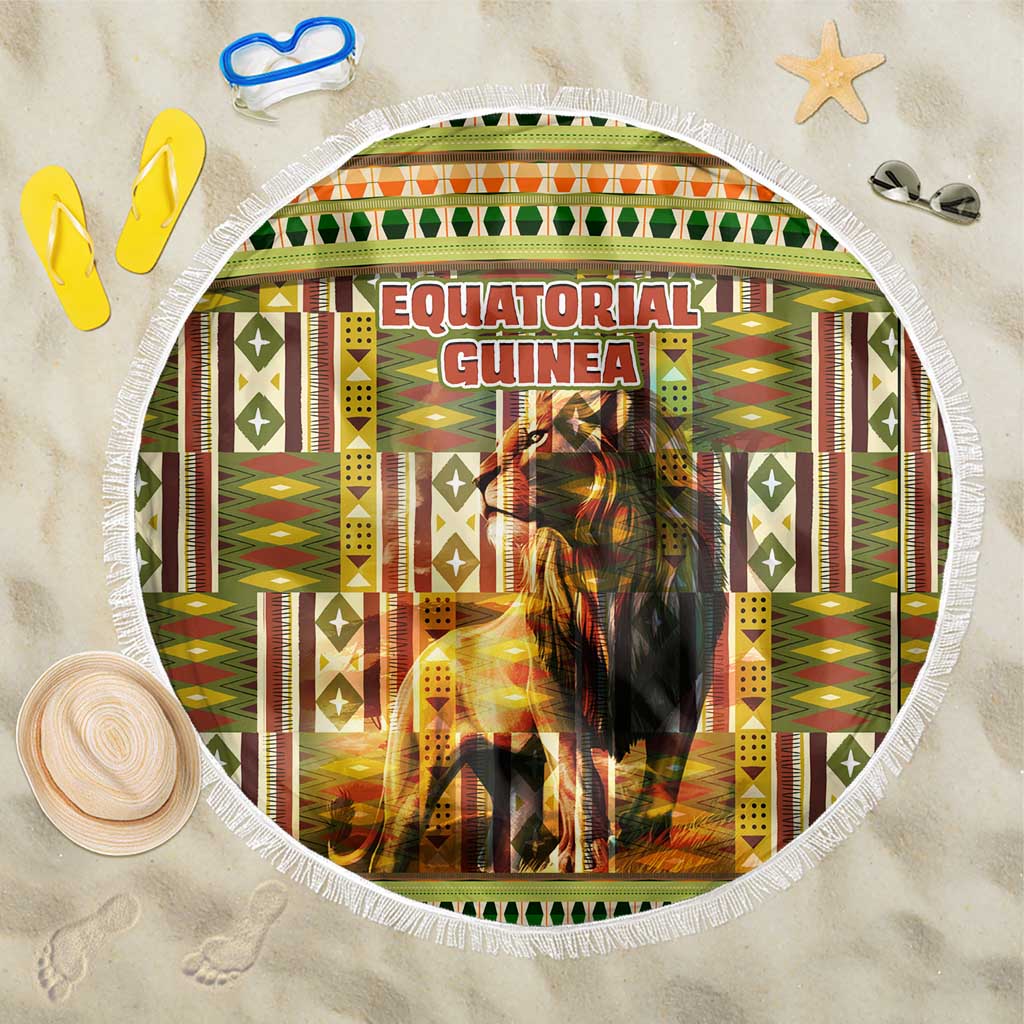 Equatorial Guinea Beach Blanket with Lion Print and Traditional African Kente Patterns