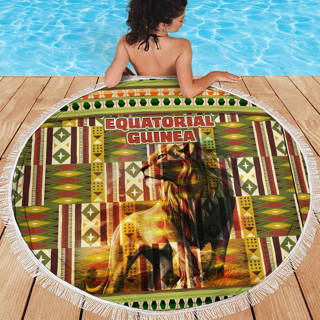 Equatorial Guinea Beach Blanket with Lion Print and Traditional African Kente Patterns