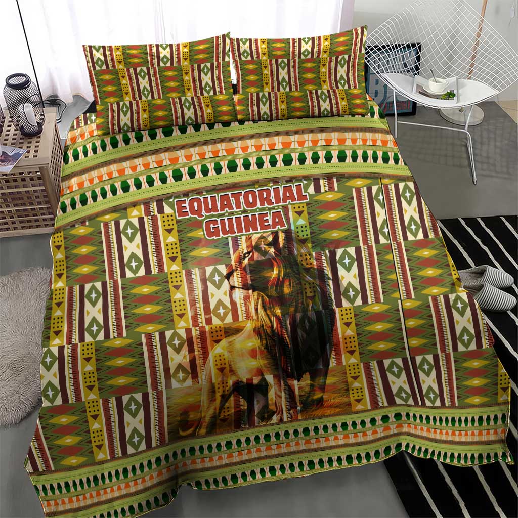 Equatorial Guinea Bedding Set with Lion Print and Traditional African Kente Patterns