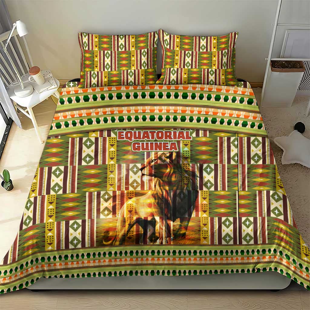 Equatorial Guinea Bedding Set with Lion Print and Traditional African Kente Patterns
