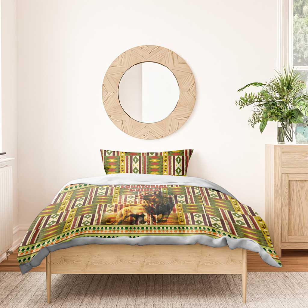 Equatorial Guinea Bedding Set with Lion Print and Traditional African Kente Patterns