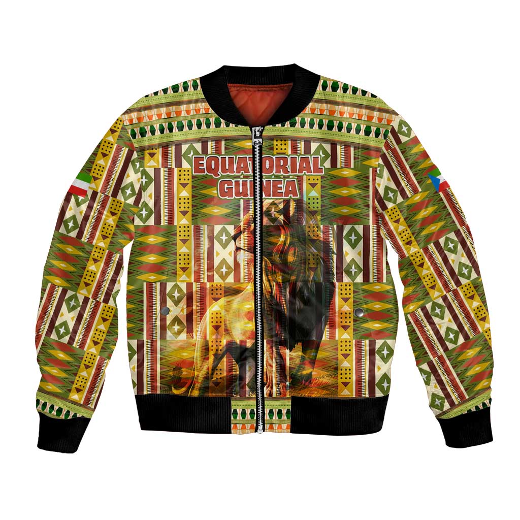 Equatorial Guinea Bomber Jacket with Lion Print and Traditional African Kente Patterns