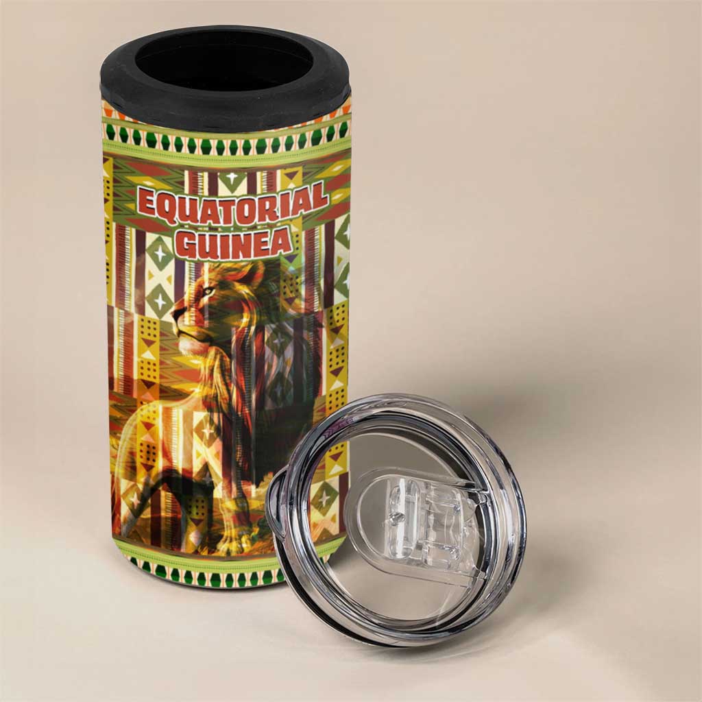 Equatorial Guinea 4 in 1 Can Cooler Tumbler with Lion Print and Traditional African Kente Patterns