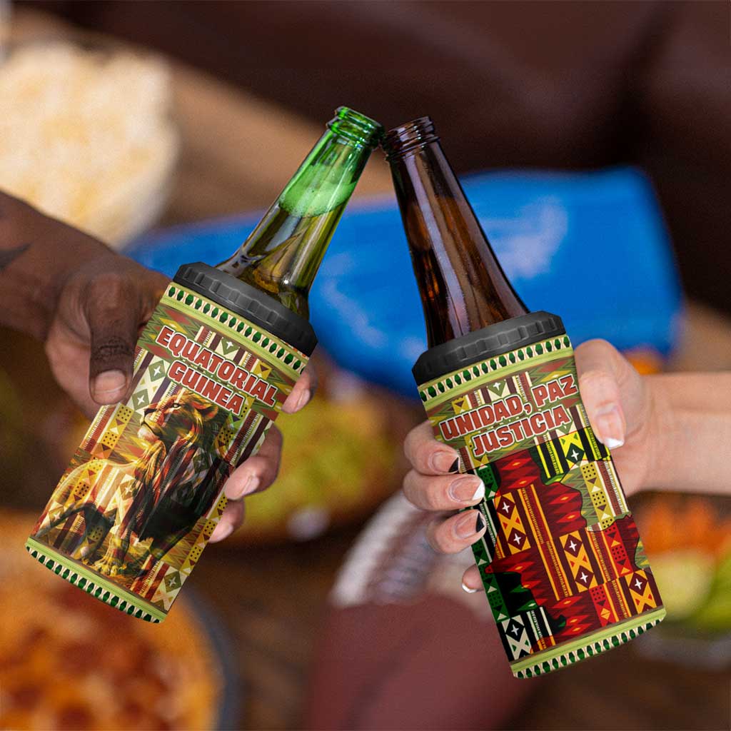 Equatorial Guinea 4 in 1 Can Cooler Tumbler with Lion Print and Traditional African Kente Patterns