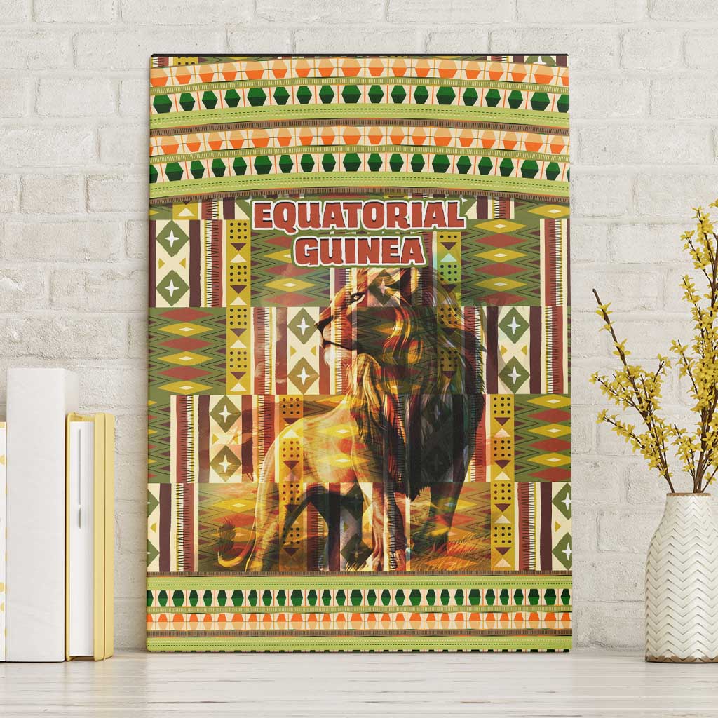 Equatorial Guinea Canvas Wall Art with Lion Print and Traditional African Kente Patterns