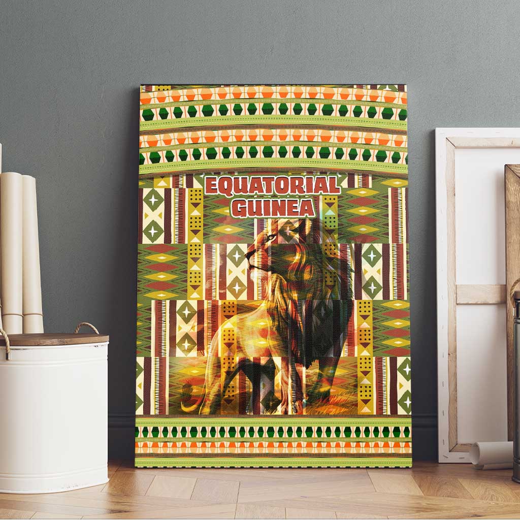 Equatorial Guinea Canvas Wall Art with Lion Print and Traditional African Kente Patterns