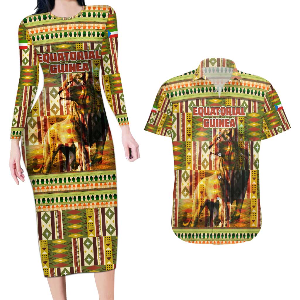 Equatorial Guinea Couples Matching Long Sleeve Bodycon Dress and Hawaiian Shirt with Lion Print and Traditional African Kente Patterns