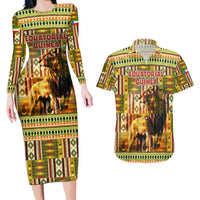 Equatorial Guinea Couples Matching Long Sleeve Bodycon Dress and Hawaiian Shirt with Lion Print and Traditional African Kente Patterns