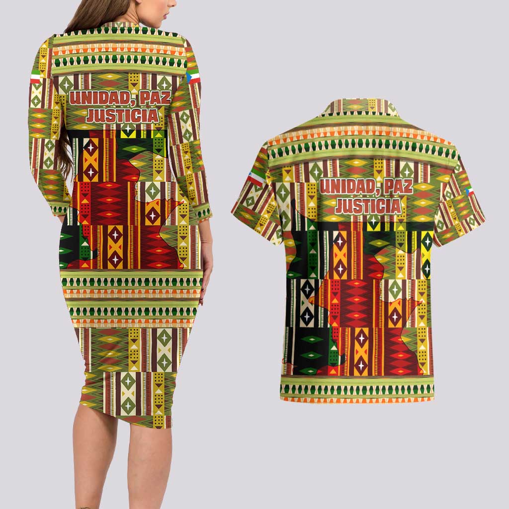 Equatorial Guinea Couples Matching Long Sleeve Bodycon Dress and Hawaiian Shirt with Lion Print and Traditional African Kente Patterns