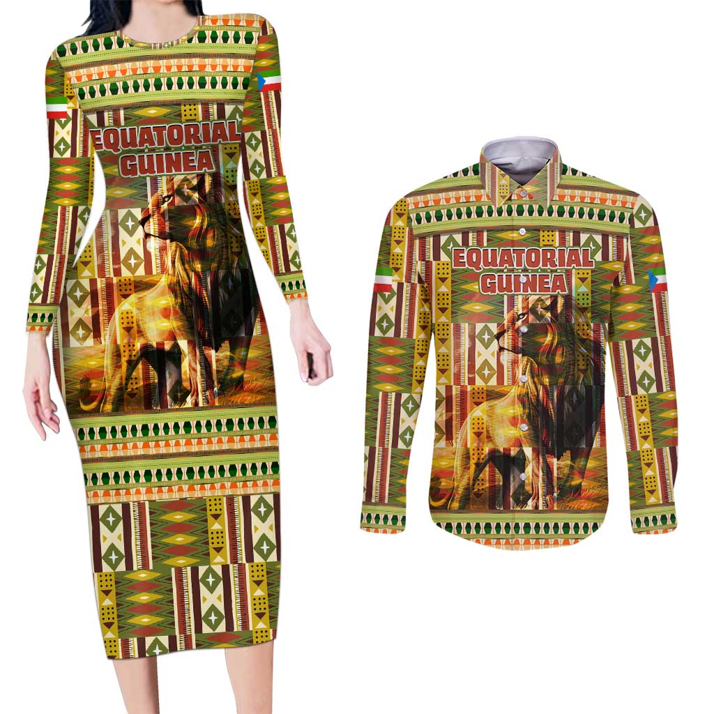 Equatorial Guinea Couples Matching Long Sleeve Bodycon Dress and Long Sleeve Button Shirt with Lion Print and Traditional African Kente Patterns