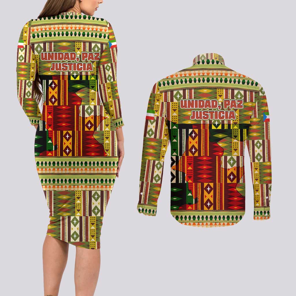 Equatorial Guinea Couples Matching Long Sleeve Bodycon Dress and Long Sleeve Button Shirt with Lion Print and Traditional African Kente Patterns