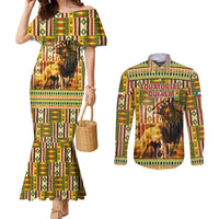 Equatorial Guinea Couples Matching Mermaid Dress and Long Sleeve Button Shirt with Lion Print and Traditional African Kente Patterns