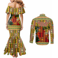 Equatorial Guinea Couples Matching Mermaid Dress and Long Sleeve Button Shirt with Lion Print and Traditional African Kente Patterns
