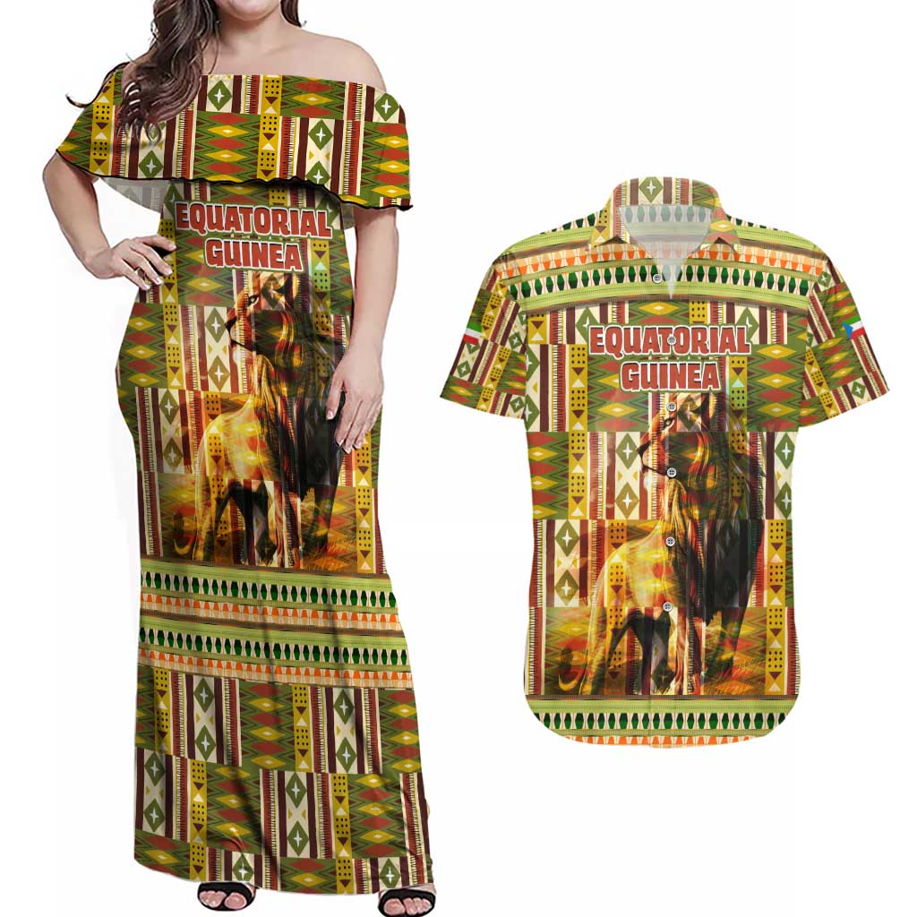 Equatorial Guinea Couples Matching Off Shoulder Maxi Dress and Hawaiian Shirt with Lion Print and Traditional African Kente Patterns