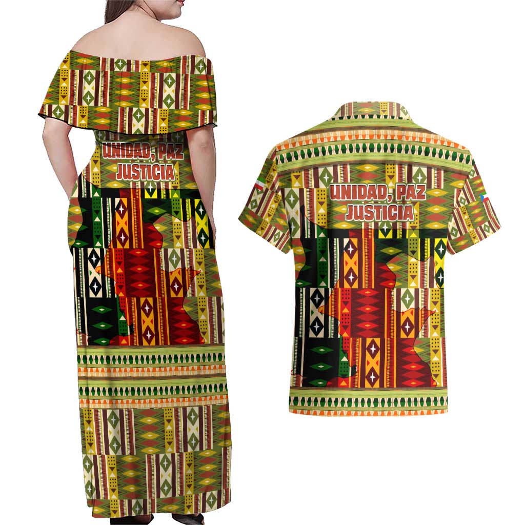 Equatorial Guinea Couples Matching Off Shoulder Maxi Dress and Hawaiian Shirt with Lion Print and Traditional African Kente Patterns