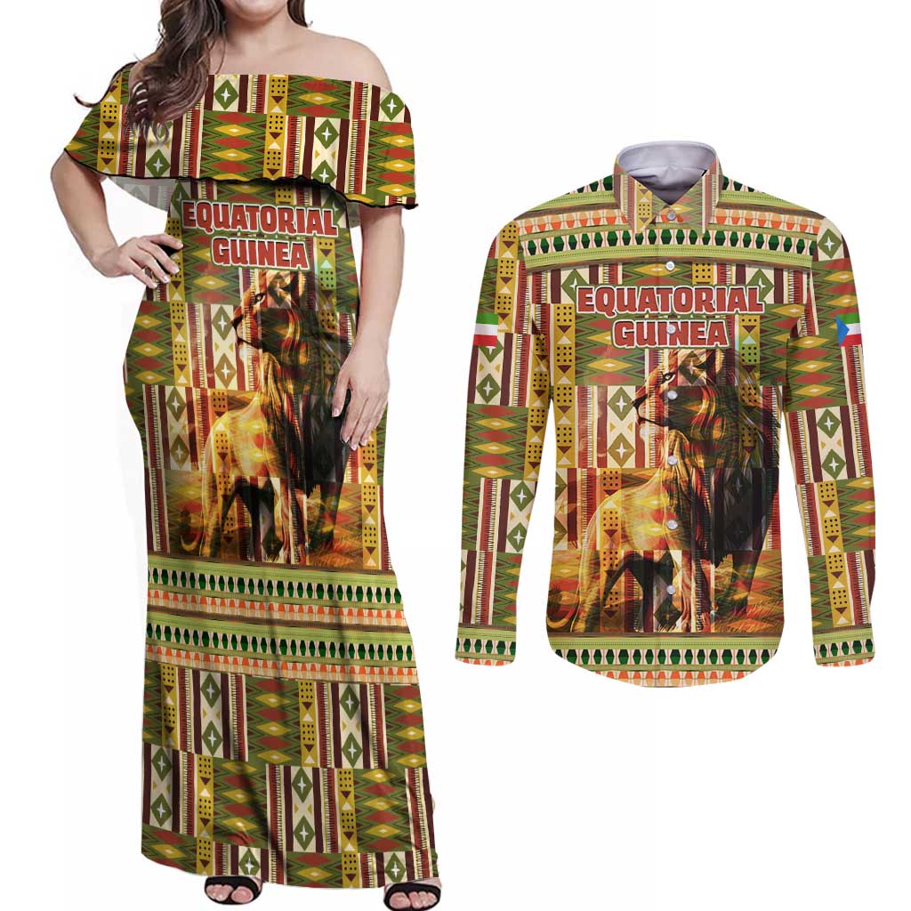 Equatorial Guinea Couples Matching Off Shoulder Maxi Dress and Long Sleeve Button Shirt with Lion Print and Traditional African Kente Patterns
