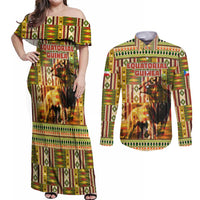 Equatorial Guinea Couples Matching Off Shoulder Maxi Dress and Long Sleeve Button Shirt with Lion Print and Traditional African Kente Patterns