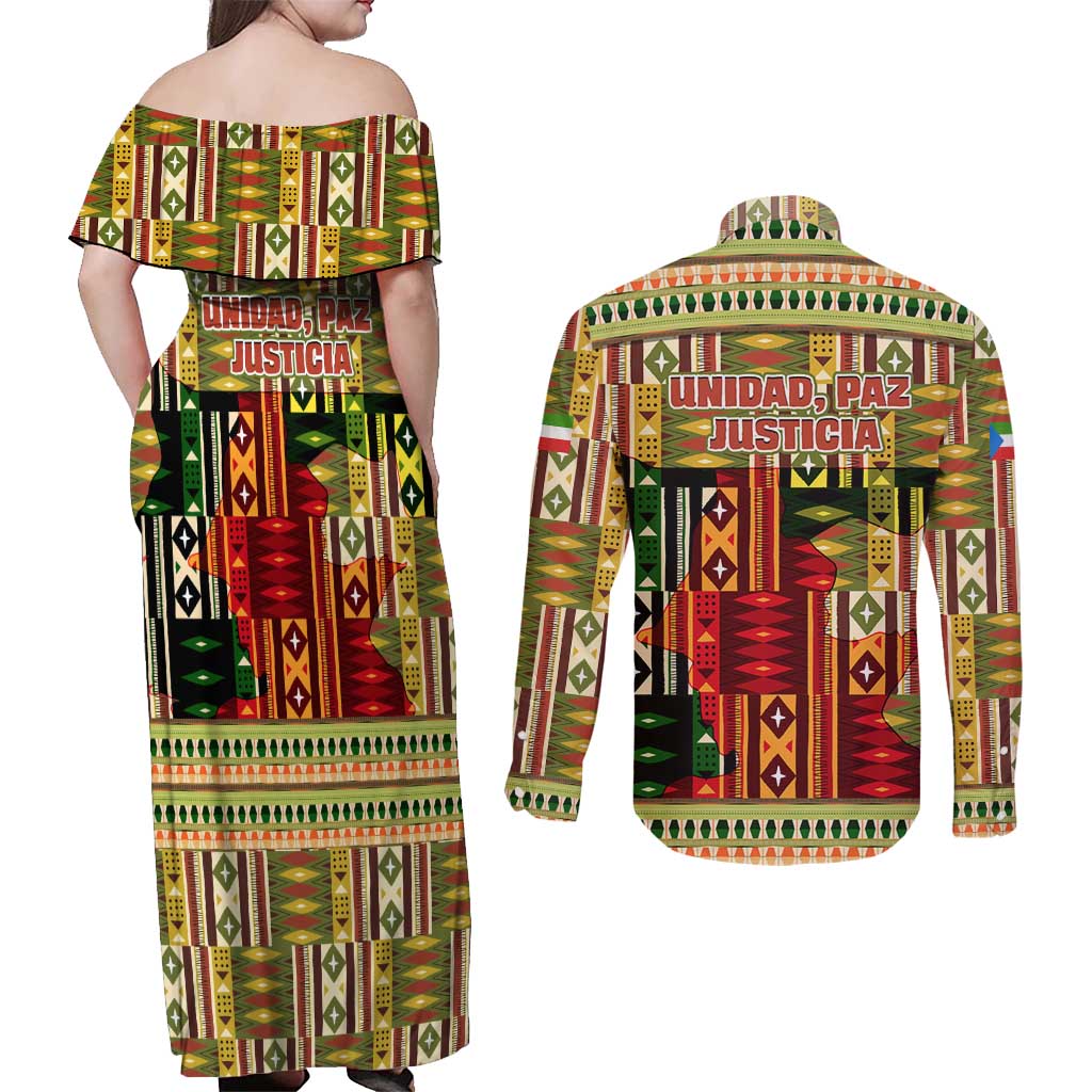 Equatorial Guinea Couples Matching Off Shoulder Maxi Dress and Long Sleeve Button Shirt with Lion Print and Traditional African Kente Patterns