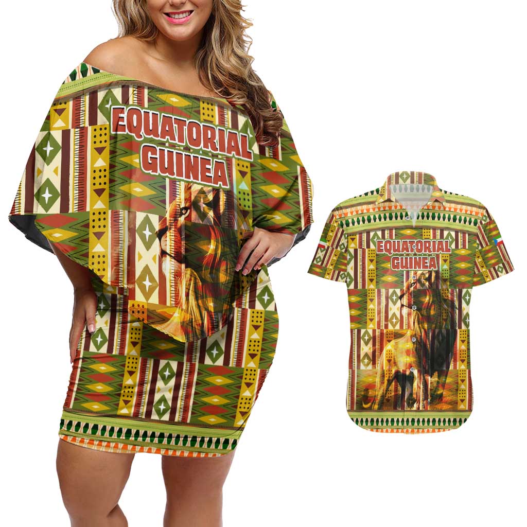 Equatorial Guinea Couples Matching Off Shoulder Short Dress and Hawaiian Shirt with Lion Print and Traditional African Kente Patterns