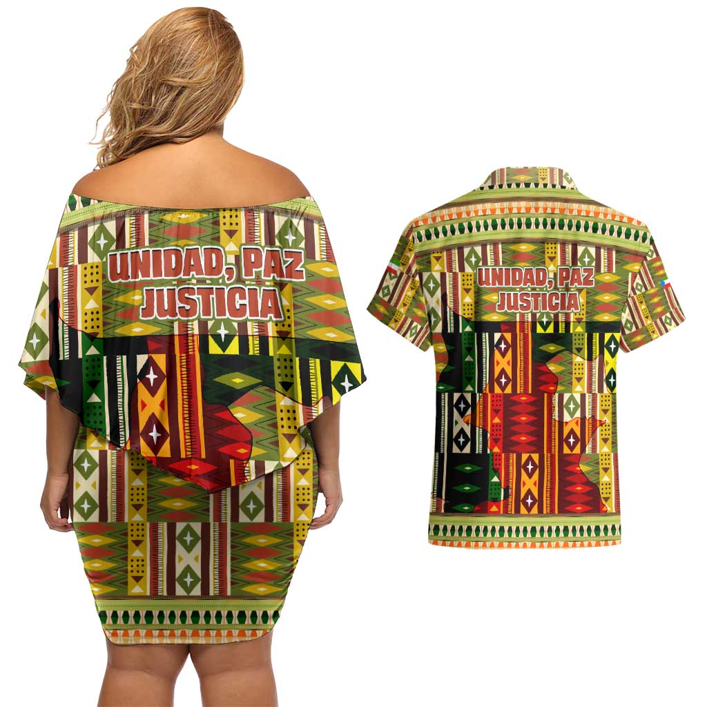 Equatorial Guinea Couples Matching Off Shoulder Short Dress and Hawaiian Shirt with Lion Print and Traditional African Kente Patterns