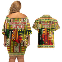 Equatorial Guinea Couples Matching Off Shoulder Short Dress and Hawaiian Shirt with Lion Print and Traditional African Kente Patterns