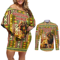 Equatorial Guinea Couples Matching Off Shoulder Short Dress and Long Sleeve Button Shirt with Lion Print and Traditional African Kente Patterns