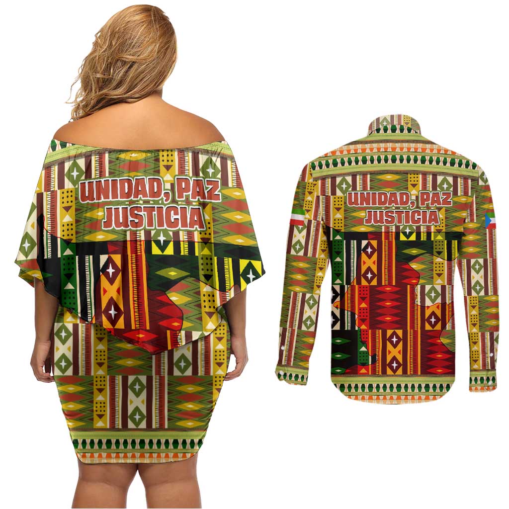 Equatorial Guinea Couples Matching Off Shoulder Short Dress and Long Sleeve Button Shirt with Lion Print and Traditional African Kente Patterns