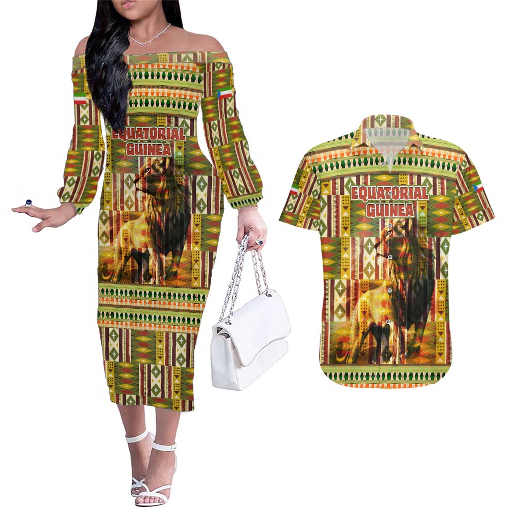 Equatorial Guinea Couples Matching Off The Shoulder Long Sleeve Dress and Hawaiian Shirt with Lion Print and Traditional African Kente Patterns