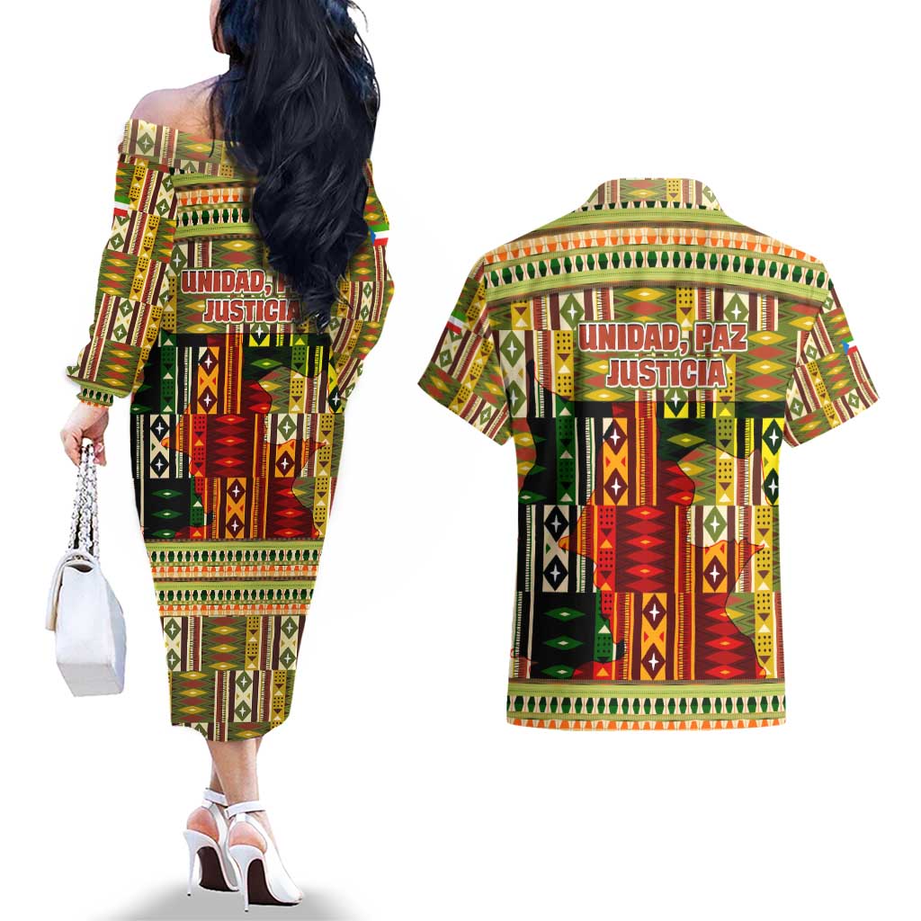 Equatorial Guinea Couples Matching Off The Shoulder Long Sleeve Dress and Hawaiian Shirt with Lion Print and Traditional African Kente Patterns
