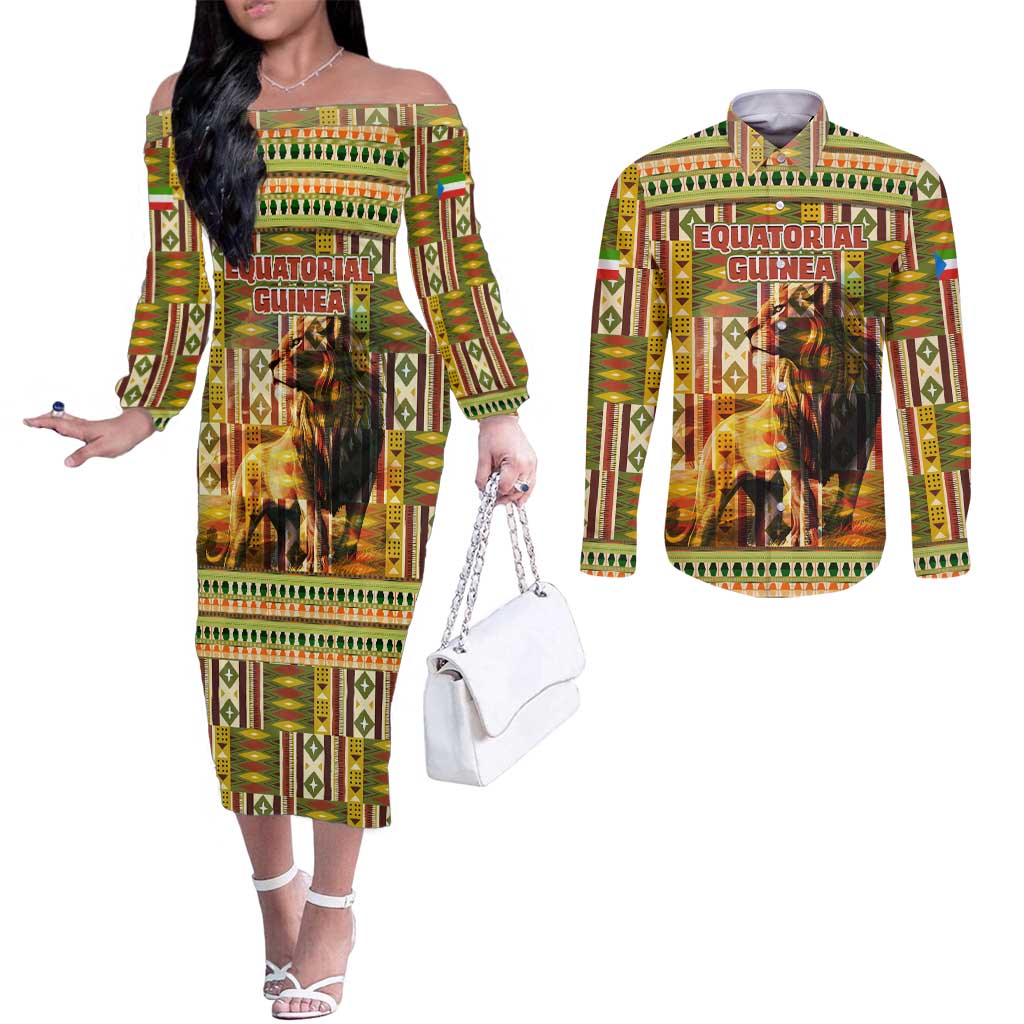 Equatorial Guinea Couples Matching Off The Shoulder Long Sleeve Dress and Long Sleeve Button Shirt with Lion Print and Traditional African Kente Patterns