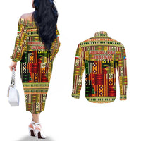 Equatorial Guinea Couples Matching Off The Shoulder Long Sleeve Dress and Long Sleeve Button Shirt with Lion Print and Traditional African Kente Patterns