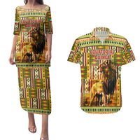 Equatorial Guinea Couples Matching Puletasi and Hawaiian Shirt with Lion Print and Traditional African Kente Patterns
