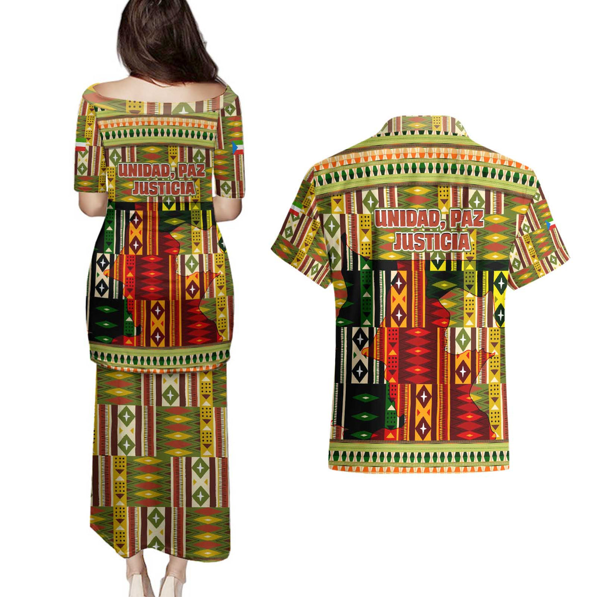 Equatorial Guinea Couples Matching Puletasi and Hawaiian Shirt with Lion Print and Traditional African Kente Patterns