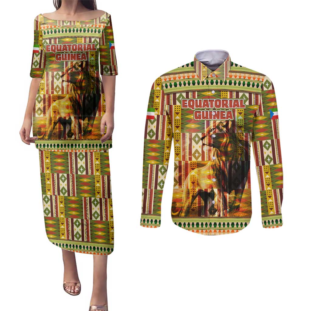 Equatorial Guinea Couples Matching Puletasi and Long Sleeve Button Shirt with Lion Print and Traditional African Kente Patterns