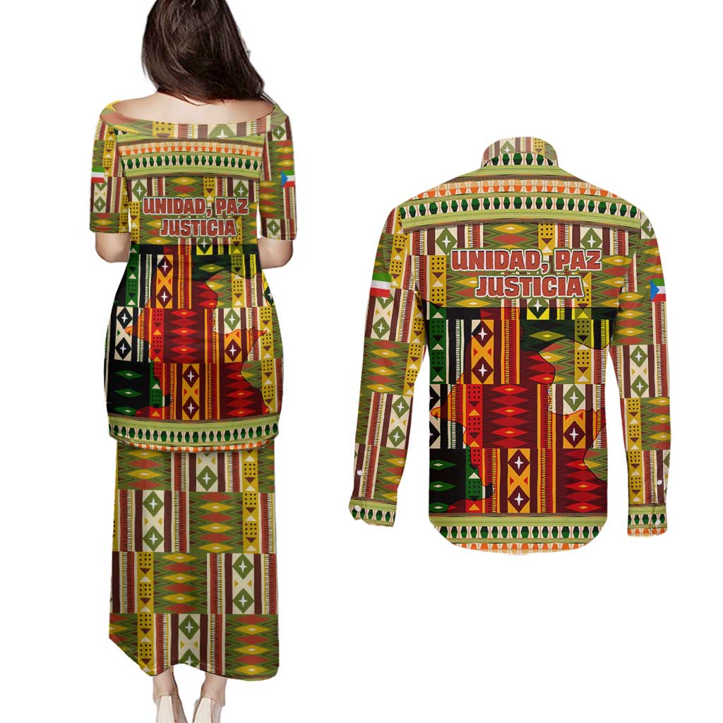 Equatorial Guinea Couples Matching Puletasi and Long Sleeve Button Shirt with Lion Print and Traditional African Kente Patterns