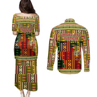 Equatorial Guinea Couples Matching Puletasi and Long Sleeve Button Shirt with Lion Print and Traditional African Kente Patterns