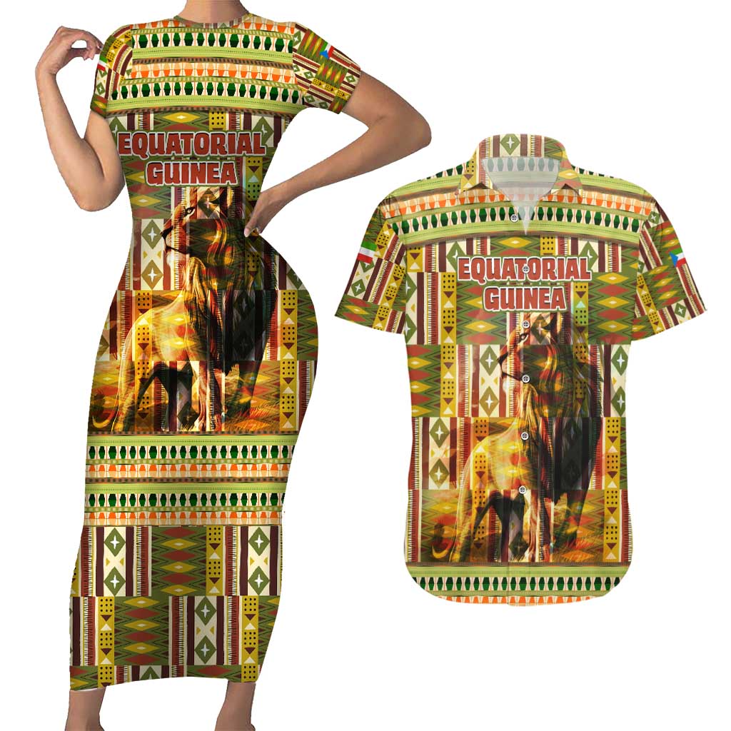 Equatorial Guinea Couples Matching Short Sleeve Bodycon Dress and Hawaiian Shirt with Lion Print and Traditional African Kente Patterns