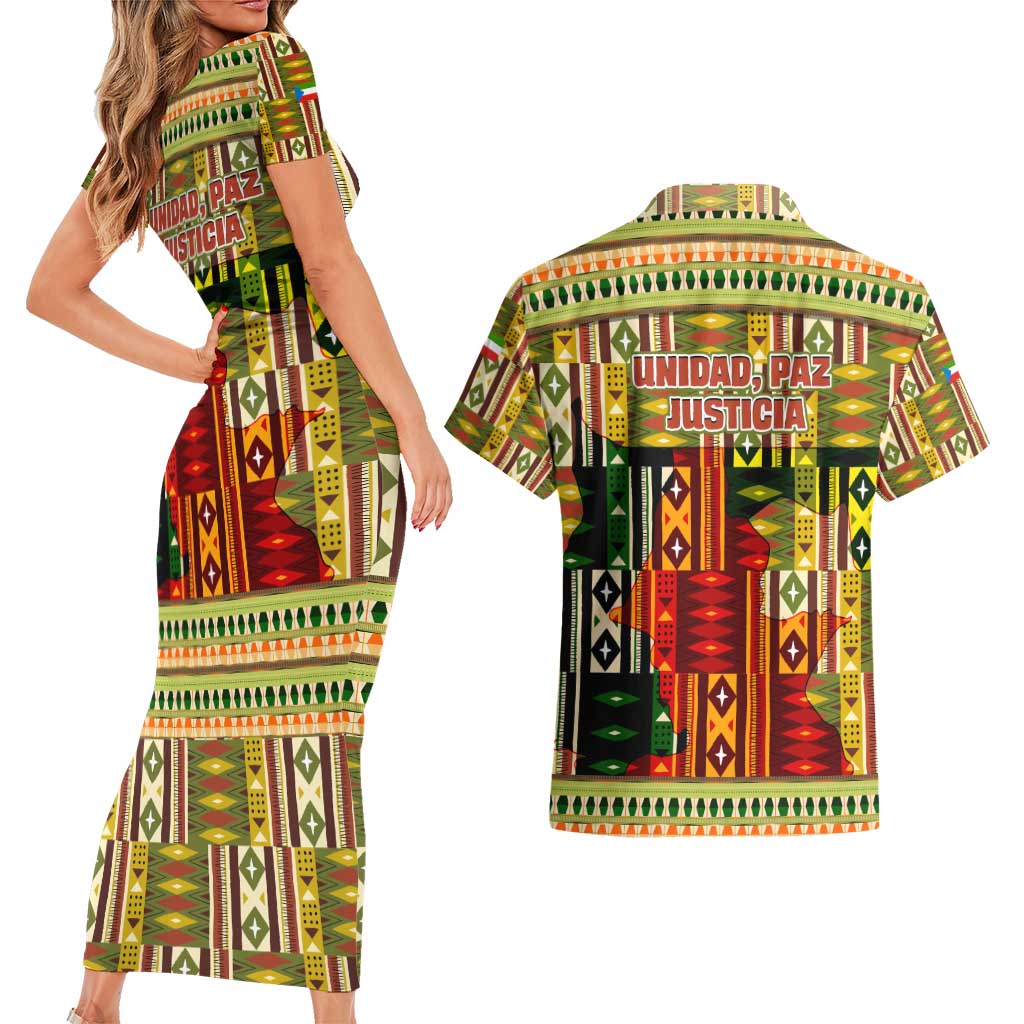 Equatorial Guinea Couples Matching Short Sleeve Bodycon Dress and Hawaiian Shirt with Lion Print and Traditional African Kente Patterns