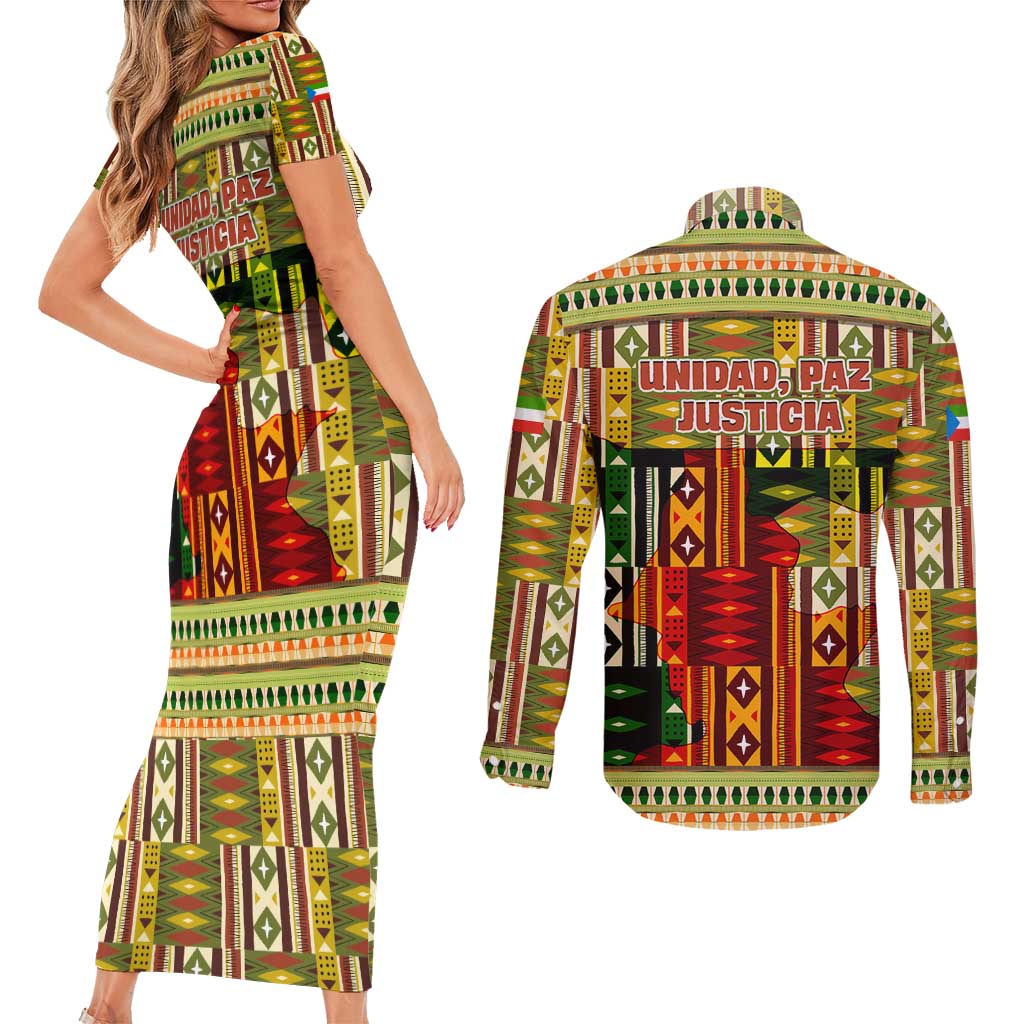 Equatorial Guinea Couples Matching Short Sleeve Bodycon Dress and Long Sleeve Button Shirt with Lion Print and Traditional African Kente Patterns