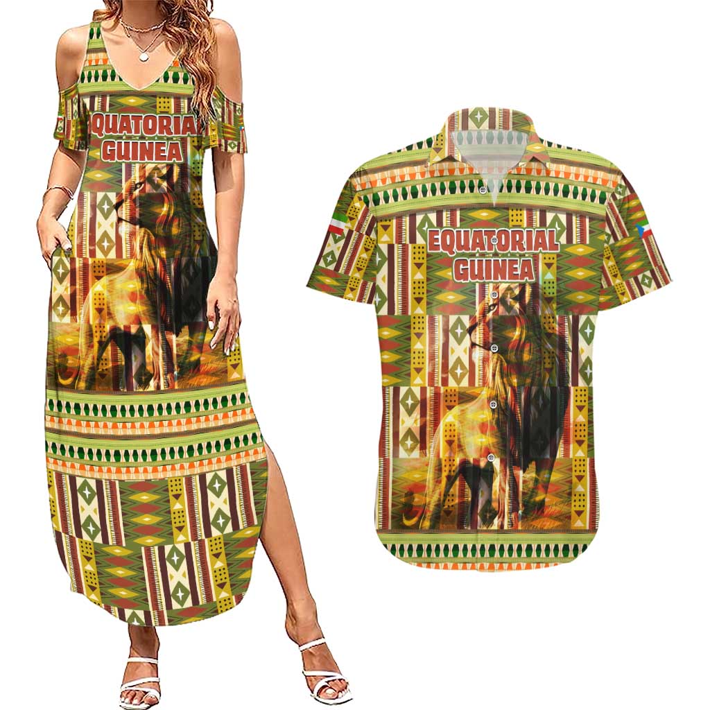 Equatorial Guinea Couples Matching Summer Maxi Dress and Hawaiian Shirt with Lion Print and Traditional African Kente Patterns