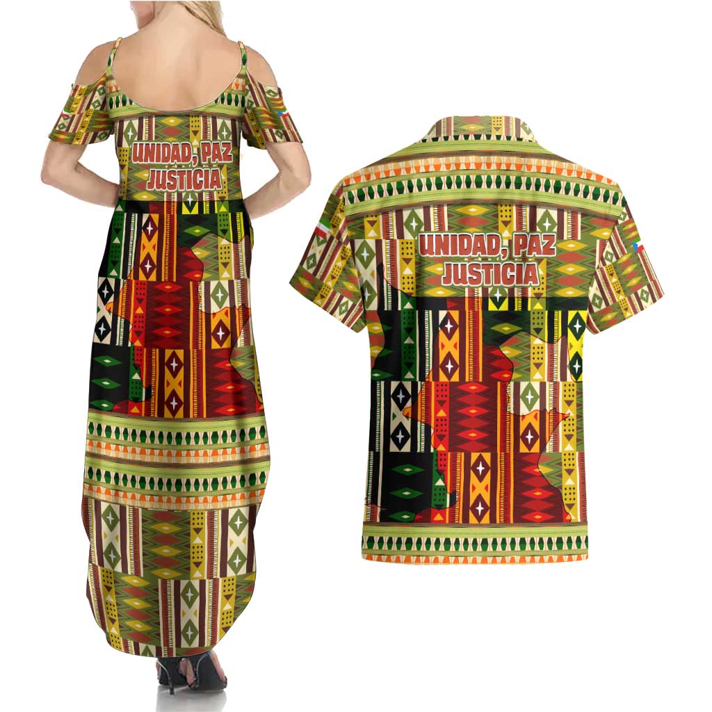 Equatorial Guinea Couples Matching Summer Maxi Dress and Hawaiian Shirt with Lion Print and Traditional African Kente Patterns