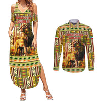Equatorial Guinea Couples Matching Summer Maxi Dress and Long Sleeve Button Shirt with Lion Print and Traditional African Kente Patterns