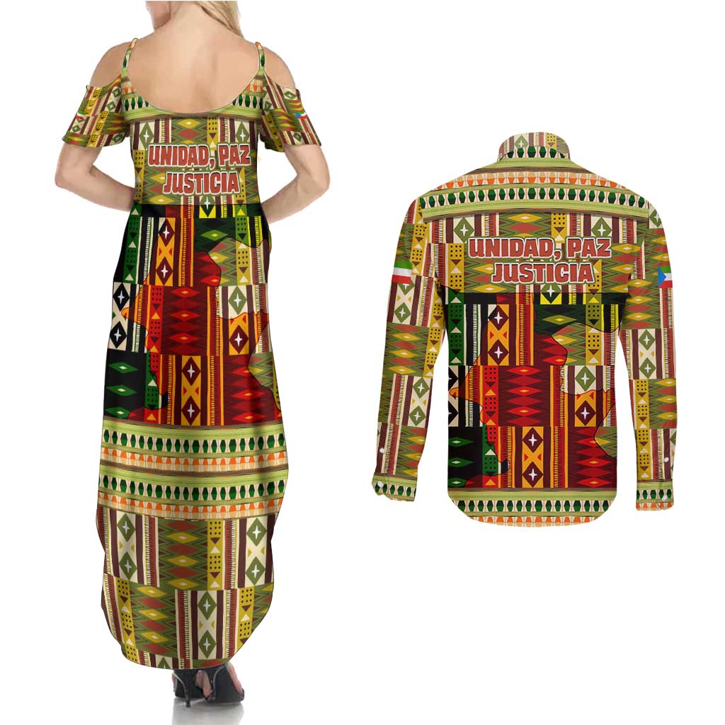Equatorial Guinea Couples Matching Summer Maxi Dress and Long Sleeve Button Shirt with Lion Print and Traditional African Kente Patterns
