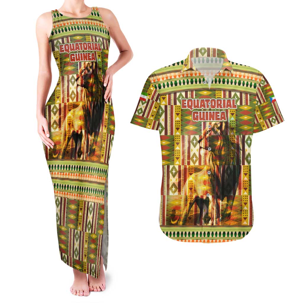 Equatorial Guinea Couples Matching Tank Maxi Dress and Hawaiian Shirt with Lion Print and Traditional African Kente Patterns