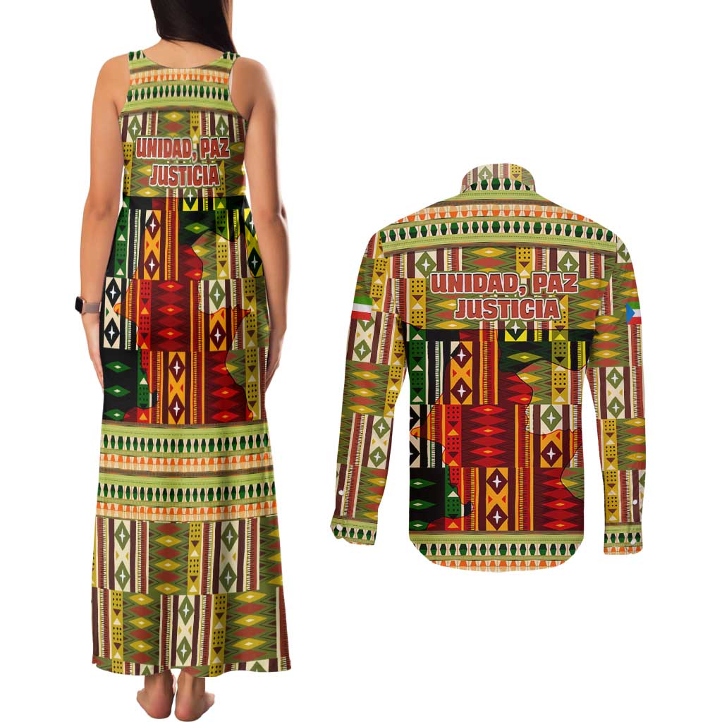 Equatorial Guinea Couples Matching Tank Maxi Dress and Long Sleeve Button Shirt with Lion Print and Traditional African Kente Patterns